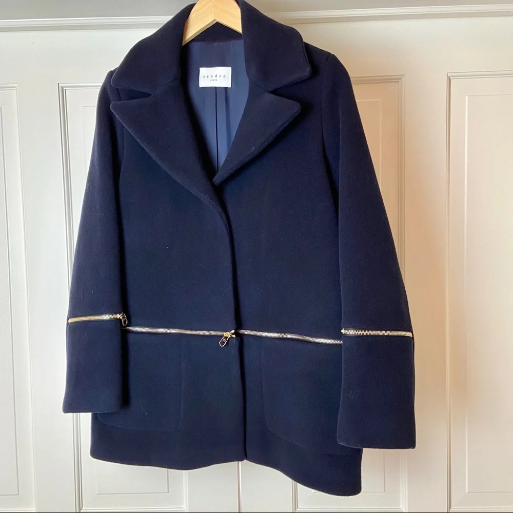 Sandro navy blue wool blend coat with zipper M